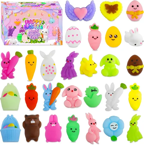 Rellenos de huevos de Pascua, paquete de 30 juguetes esponjosos Kawaii Mochi para rellenar cestas de Pascua, mini juguetes esponjosos, juguetes para