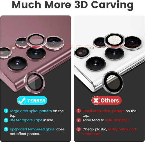 Vista 3 de Tensea Protector de lente de cámara Samsung Galaxy S22 Ultra, protector de pantalla de vidrio templado 9H, anillo individual de metal, S22 Ultra 5G