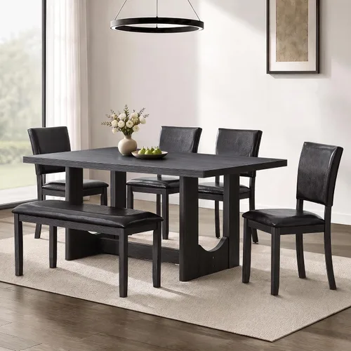 Vista 21 de Juego de mesa de comedor de 6 piezas con banco y 4 sillas Negro Beige-1