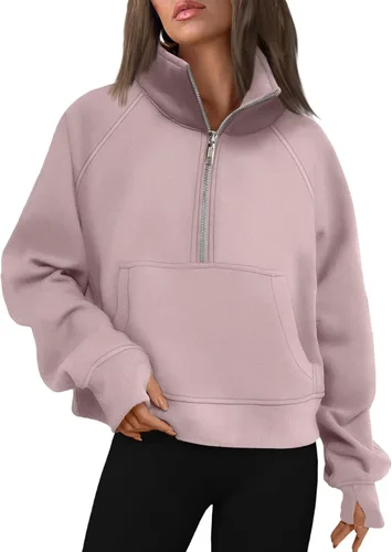 Vista 41 de AUTOMET Sudaderas con media cremallera para mujer, sudadera corta de vellón con cremallera de un cuarto, sudaderas con capucha para el otoño, a