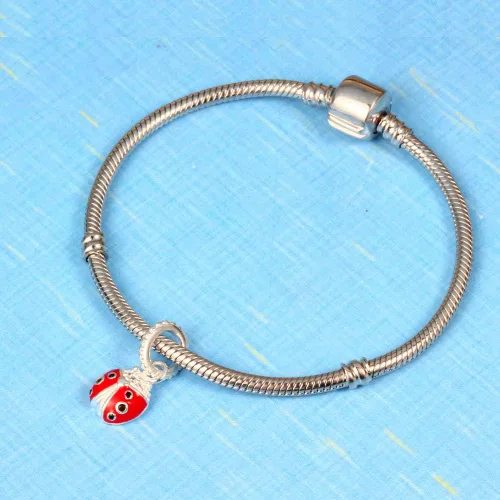 Vista 4 de Abalorio de mariquita de plata de ley 925 para pulsera y collar con circonita cúbica esmaltada, color rojo y negro