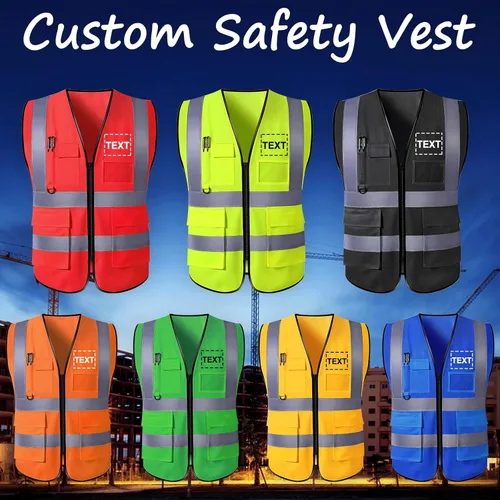 Vista 2 de Chaleco de seguridad con logotipo personalizado para hombre, chaleco de trabajo protector de alta visibilidad con reflectante