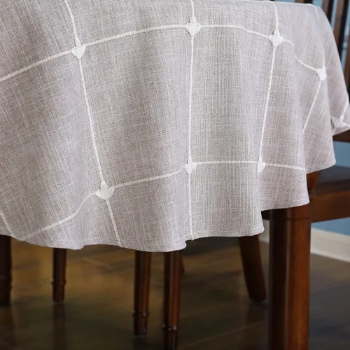 Vista 4 de Mantel ovalado de celosía con bordado rústico de tela de lino de algodón a cuadros para cocina, comedor, fiesta, decoración de mesa, 53 x 72