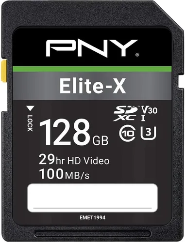 PNY 128GB Elite-X Class 10 U3 V30 SDXC Flash Memory Card - 100MBs, Class 10, U3, V30, 4K UHD, Full HD, UHS-I, Full Size SD