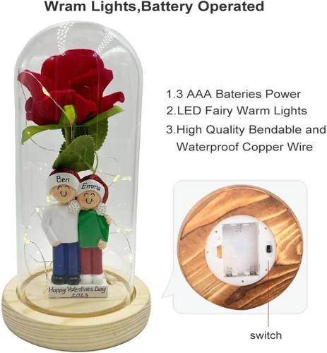 Vista 3 de Rosa para el día de San Valentín, regalos del día de San Valentín para ella, rosa roja en cúpula de cristal iluminada, regalos personalizados