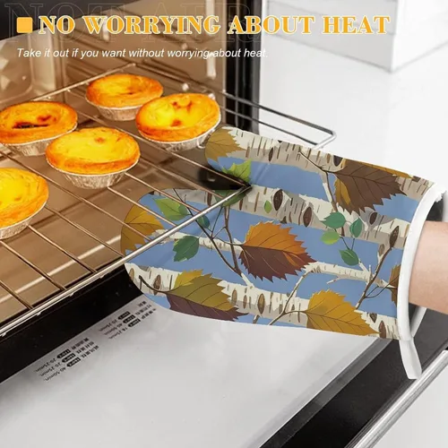 Vista 5 de Birch Leaves Oven Mitts and Pot Holders Set Kitchen Oven Glove Cooking Mitts with Hanging Loop Heat Resistant Potholder Set for Chef Baking Cooking