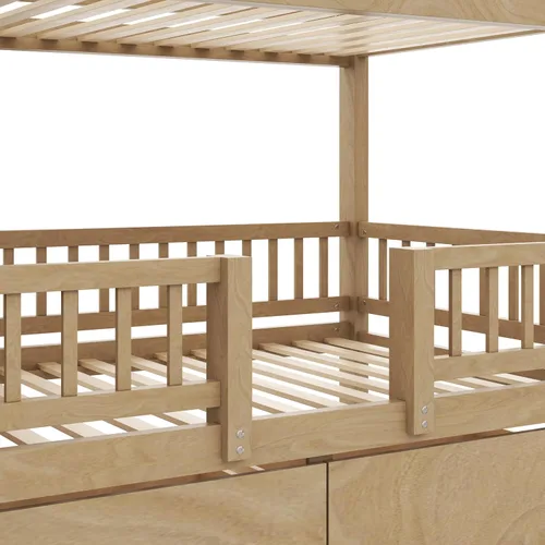 Vista 268 de Cama de casa de tamaño individual con elegantes ventanas y estantería, litera con diseño de castillo de madera con barandillas de seguridad