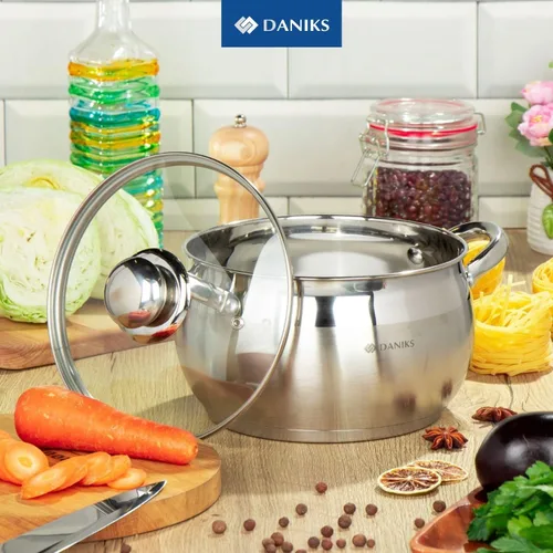 Vista 8 de Daniks Olla clásica de acero inoxidable de 2 cuartos de galón con tapa de vidrio, parte inferior de tres capas para calefacción uniforme, compatible