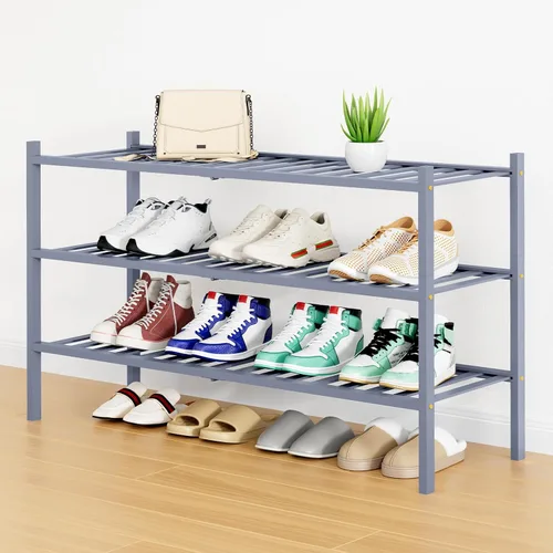 Vista 118 de Smiry Zapatero pequeño de bambú de 2 niveles, apilable, estante de almacenamiento de zapatos de madera para armario, entrada, entrada de puerta Negro