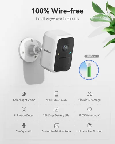 Vista 2 de LongPlus Wireless Outdoor Security Camera, Battery Powered Cameras for Home Security Wireless WiFi with Night Vision, Motion Detection,Siren