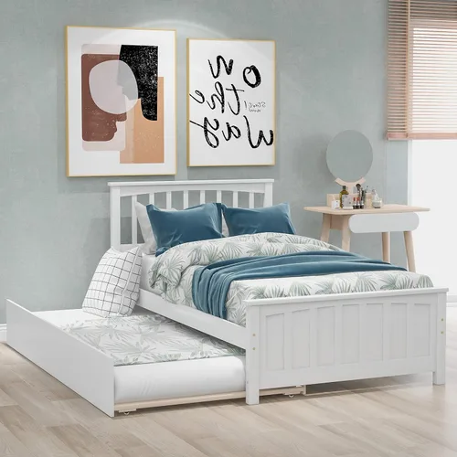 Vista 9 de Harper & Bright Designs Cama de plataforma de tamaño individual con cabecero, marco de cama de madera maciza, listones de madera, soportes Blanco