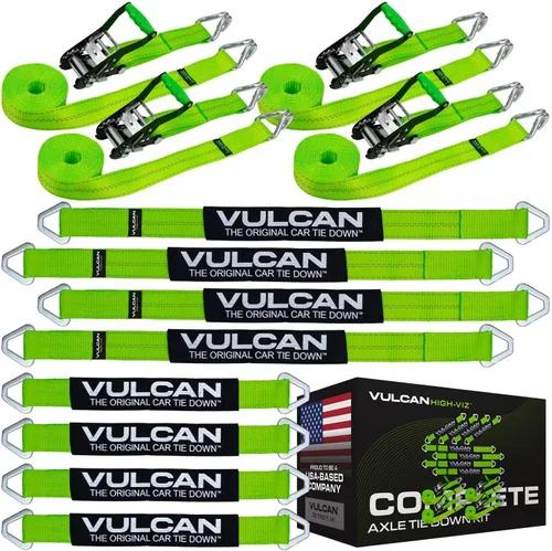 Vista 10 de VULCAN Kit completo de amarre de correa de eje con correas de trinquete de gancho a presión, amarillo clásico, incluye (4) correas de eje de 22