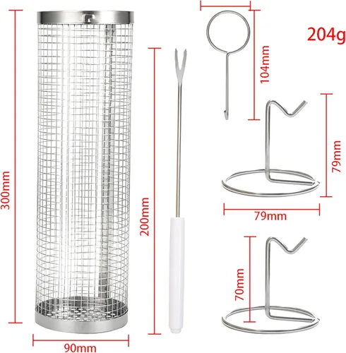 Vista 5 de Cesta de barbacoa con tapa Cesta de barbacoa de acero inoxidable para exteriores Accesorios de cocina cilíndricos de malla redonda para barbacoa