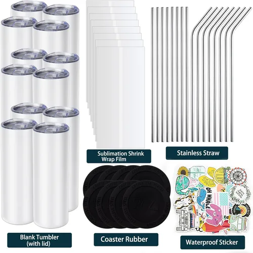 Vista 2 de Juego de 12 Vasos de Sublimación de 20 oz, Vasos de Acero Inoxidable de Pared Doble Delgados y Rectos en Blanco, Vaso de Sublimación con Tapa