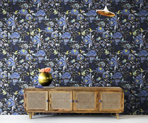 Vista 6 de Blue and Black Tropical Flowers Peel and Stick Wallpaper Wall Mural. Botanical Flowers Leaves on Dark Color Background. #6437 (9ft Tall X 4ft Wide)