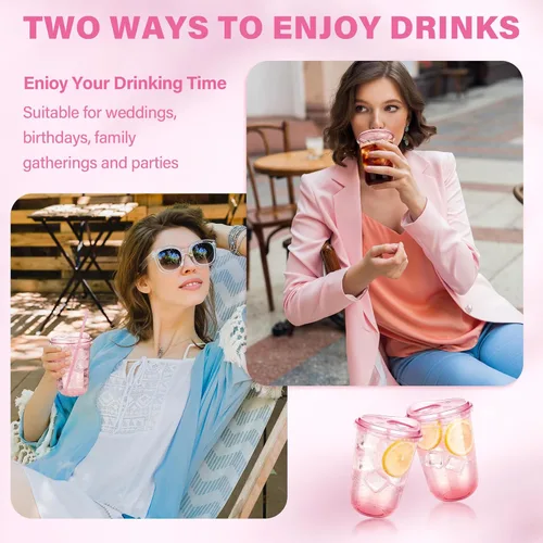 Vista 7 de KesaPlan 50 Pack 16oz Pink Plastic Cups with Sip Lids & Straws, Disposable Iced Coffee Cup for Party Catering Wedding, Round Bottom To Go Drink Cup