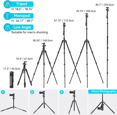 Vista 4 de SmallRig CT-20 Trípode para cámara, trípode y monopie plegable de aluminio de 78.7 pulgadas, cabezal de bola de 360 desmontable y placa