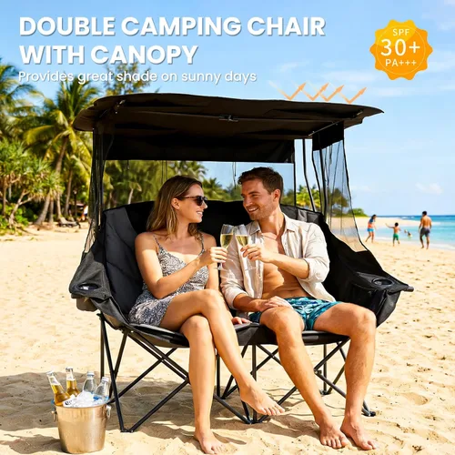 Vista 4 de DoCred Double Beach Camping Chair with Canopy, Folding 2 Person Camping Chairs with Shade, Portable Outdoor Loveseat, Oversize Camp Chair for Lawn