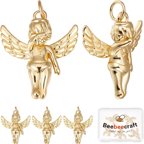 Beebeecraft 1 caja 6 dijes de ángel chapados en oro de 18 quilates con anillo de salto para aretes, pulsera, collar, joyería, manualidades