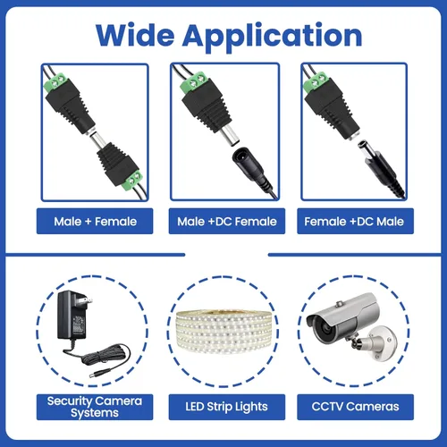 Vista 4 de 10 pares (10 x macho + 10 x hembra) 0.217 in x 0.083 in 12V DC conector adaptador de enchufe para tira LED, cable de cámara de seguridad CCTV
