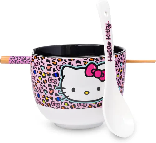 Silver Buffalo Sanrio Hello Kitty - Tazón de cerámica para fideos ramen y arroz con estampado de leopardo rosa, con palillos y cuchara, apto para