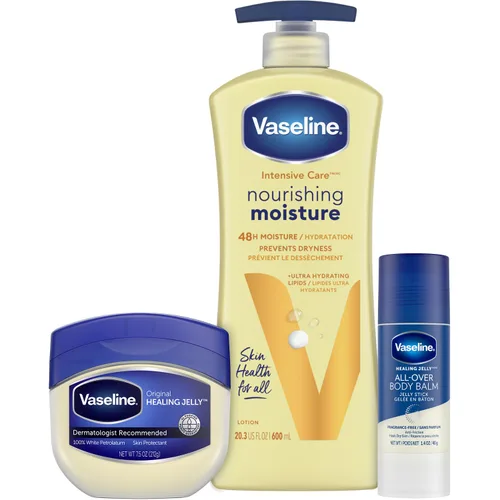 Vaseline Intensive Care Essential Healing Body Lotion, 20.3 onzas, incluido con Petroleum Jelly Original, 7.5oz, y barra de bálsamo corporal