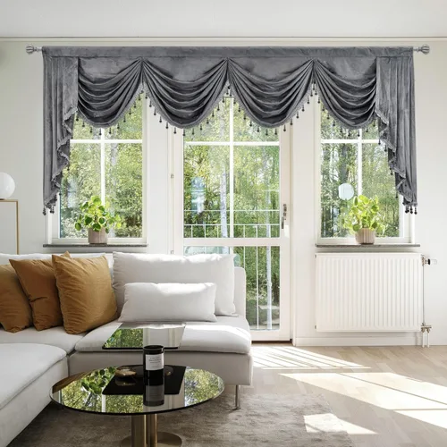 Vista 11 de Cenefa de terciopelo negro para sala de estar, cenefas de cascada de lujo para ventanas, cenefa de cuentas con borlas para cocina, cenefa