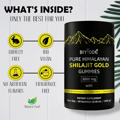 Vista 3 de Gomitas Pure Himalayan Shilajit - Suplemento diario natural con Ashwagandha - 60 gomitas - Sin OMG y sin azúcar
