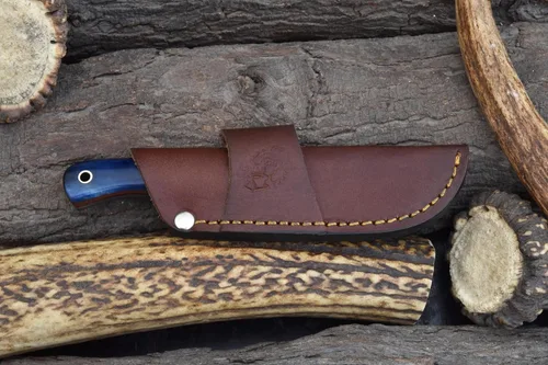 Vista 9 de Knives Ranch Cuchillo EDC de hoja fija de 7 pulgadas, cuchillo de caza, acero de damasco, espiga completa, mango de hueso, funda de cuero
