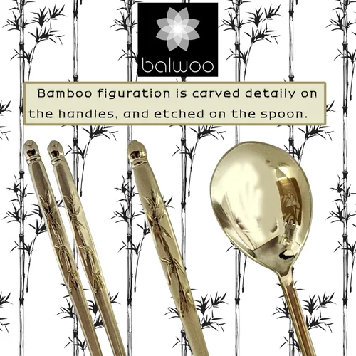 Vista 4 de [Hecho en Corea] Juego de palillos de cuchara de arroz pegajosa con diseño de bambú, chapado en titanio dorado, cuchara de sopa de acero inoxidable