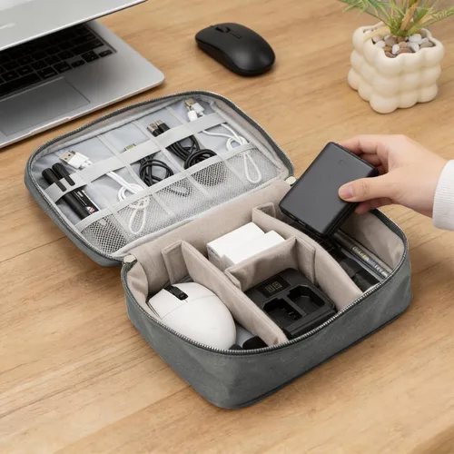 Vista 6 de Bolsa organizadora de cables, funda de viaje para accesorios electrónicos, bolsa de almacenamiento impermeable de doble capa para cargador, cable