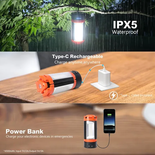 Vista 6 de Luces de campamento, linterna LED recargable portátil con 5 modos de iluminación, luz telescópica con luz de trabajo trípode, linterna desmontable