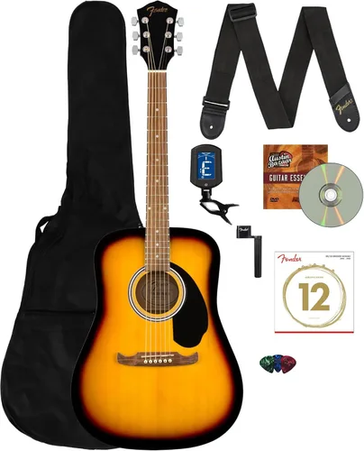 Guitarra Fender FA-125 Dreadnought - Paquete Sunburst con funda, afinador, correa, cuerdas, enrollador de cuerdas, púas y DVD instructivo de Austin