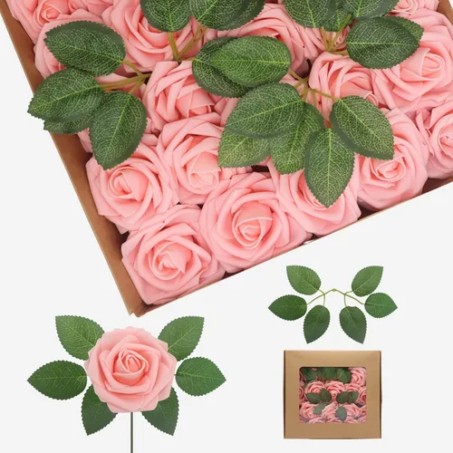 Vista 26 de Flores artificiales, rosas falsas de espuma de aspecto real, combo de flores artificiales de boda para ramos de boda, centros de mesa, arreglos