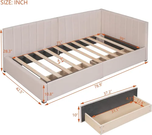 Vista 71 de Sofá cama de tamaño individual con 2 cajones y barandilla rústica, cama de plataforma capitán de madera con soporte de listones resistente, sofá
