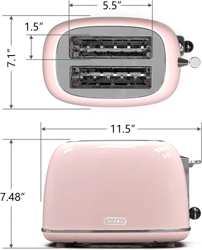 Vista 7 de Tostadora de 2 rebanadas, tostadora retro de acero inoxidable con 6 ajustes, ranuras extra anchas de 1.5 pulgadas, función de Rosa bebé