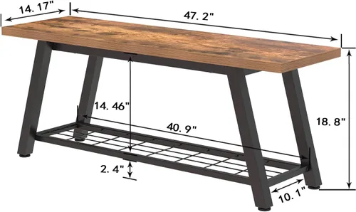 Vista 2 de Oastreeful Banco de almacenamiento industrial rústico de madera y metal para zapatos y botas, estante de entrada, banco largo para pasillo, Marrón