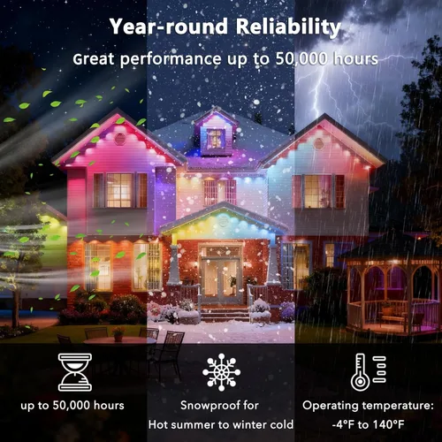 Vista 4 de Luces permanentes para exteriores, 100 pies con 60 luces LED RGB+IC para casa, 75 modos de escena, luces de alero impermeables IP68 compatibles