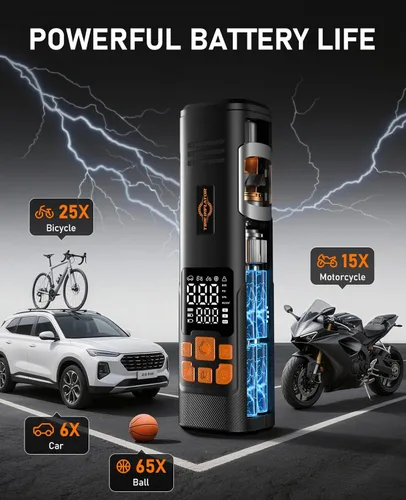 Vista 5 de Inflador de neumáticos, compresor de aire portátil, bomba de aire de 150 PSI para neumáticos de automóvil, luz LED y apagado automático, bomba