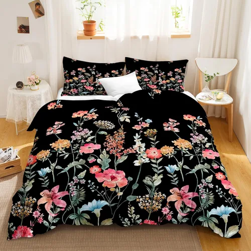 Vista 6 de Juego de funda de edredón de tamaño individual con estampado botánico de flores negras, color rosa, azul, amarillo, floral, estilo campestre