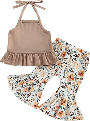 Hnyenmcko Ropa de verano para niña pequeña, sin mangas, con lazo y cuello halter, pantalones acampanados florales, 2 piezas, trajes de campana