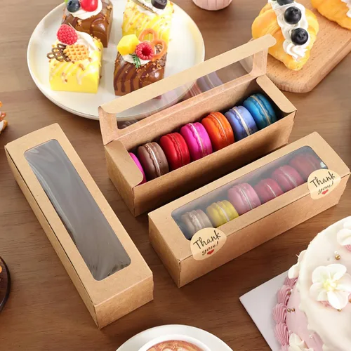 Vista 2 de NPLUX Paquete de 36 cajas de macarrones para 5-7 macarrones, cajas de dulces de fresa con adhesivo para regalar (marrón)