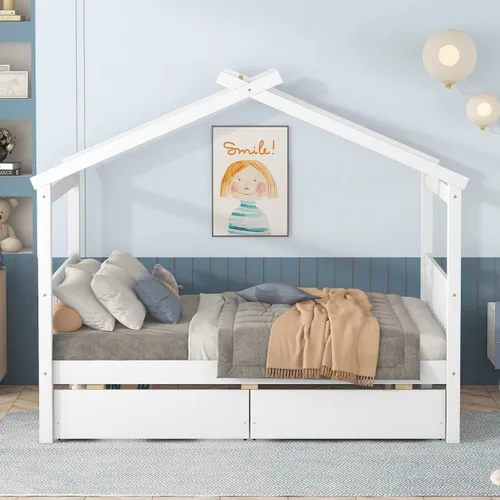 Vista 244 de Merax Cama de madera de tamaño individual con dos cajones, marco de cama de madera con techo para niños, adolescentes, niños o niñas, gris