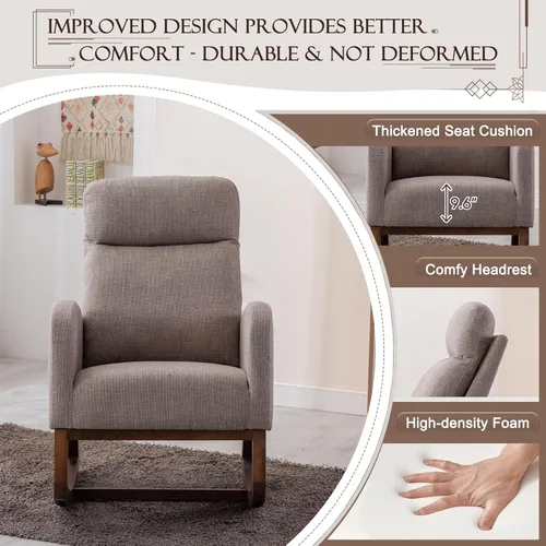 Vista 4 de Mecedora tapizada para guardería, mecedora Accent Glider con bolsillo lateral, cómoda silla con respaldo alto y cojín de doble capa, planeador