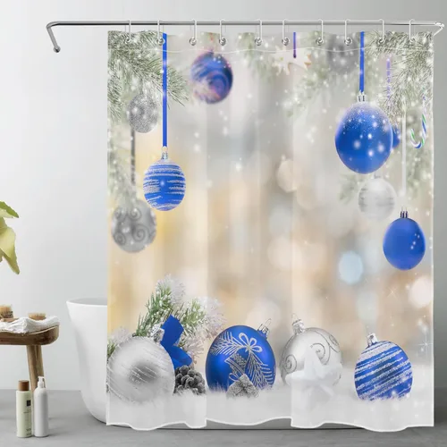 LB Merry Christmas Shower Curtain Decor, Silver Blue Xmas Ball with Green Fir Branches Shower Curtain for Bathroom 60" W x 72" L Polyester Fabric