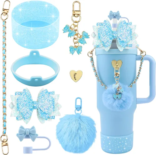 Vista 18 de Accesorios brillantes para vaso Stanley Cup de 40 onzas y 30 onzas, incluye funda de silicona para popote con lazo, bota de silicona para taza