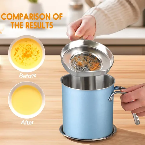 Vista 3 de Chihee Ahorro de grasa de tocino de acero inoxidable – Contenedor de aceite de 67.6 onzas líquidas con colador de malla fina y bandeja