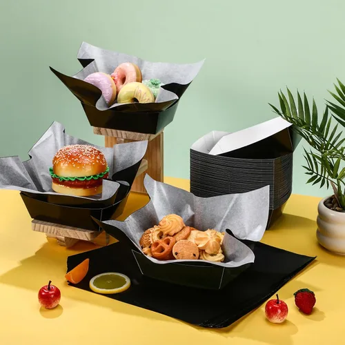 Vista 4 de Geosar 100 piezas de bandejas de papel negro para alimentos al por mayor desechables con envoltorio de papel encerado negro Bandejas para servir