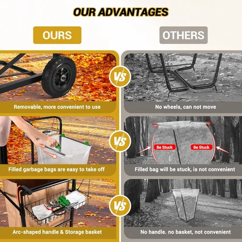 Vista 4 de CAROD Carrito de bolsa de basura mejorado con cesta de almacenamiento y mango ergonómico, soporte ajustable para bolsas de hojas para exteriores