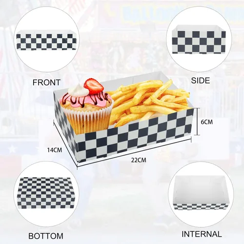 Vista 6 de 30 unidades de suministros de fiesta de cumpleaños de coches de carreras, 4 cajas de comida de esquina, bandejas de papel para aperitivos en blanco